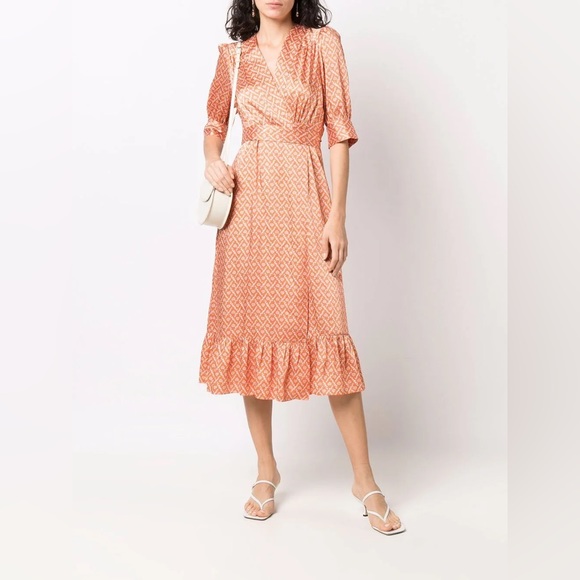 NWT Sandro orange print Enrika satin wrap dress - Picture 1 of 8